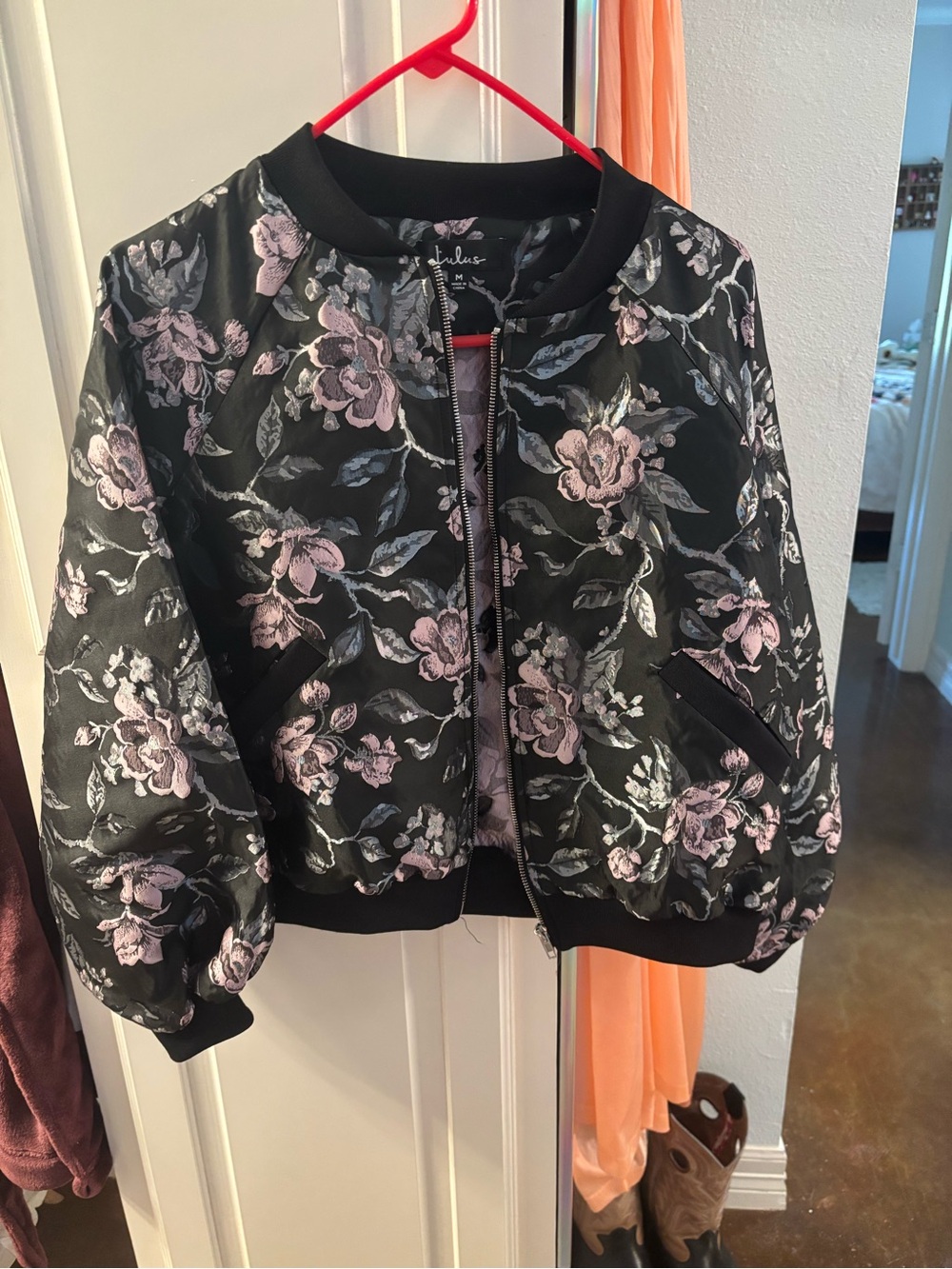 Ulu Black Bomber Jacket with Pink Floral Embroidery